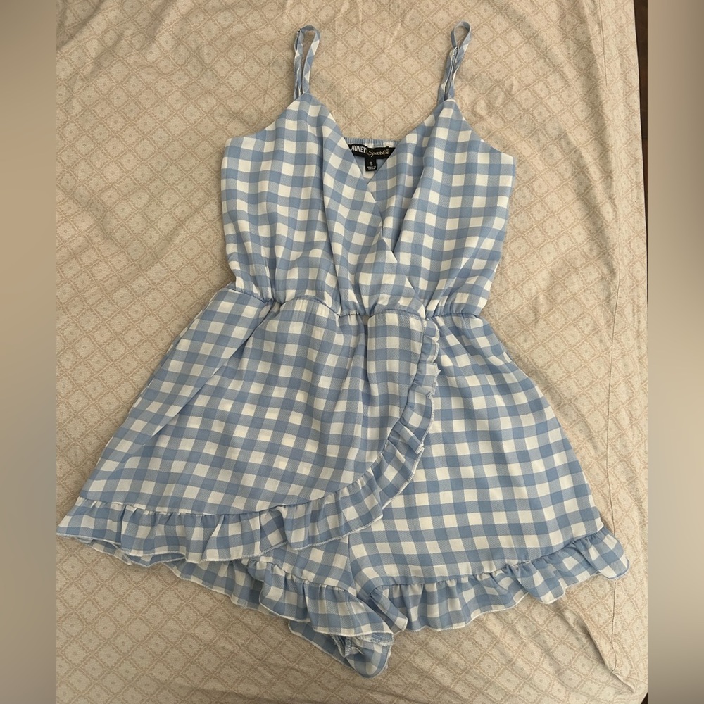 Honey and Sparkle Blue and White Plaid Romper